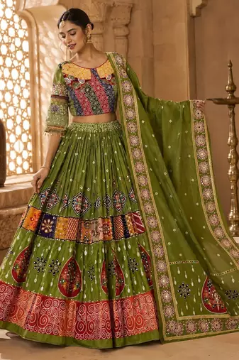 Green Cotton Navratri Lehenga Choli With Dupatta