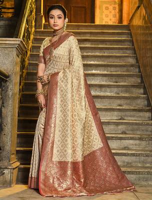 maroon banarasi silk blend saree with blouse 1