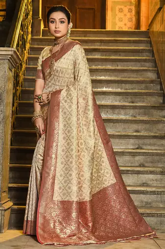 maroon banarasi silk blend saree with blouse