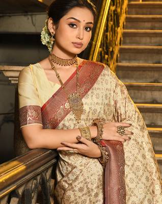 maroon banarasi silk blend saree with blouse 2