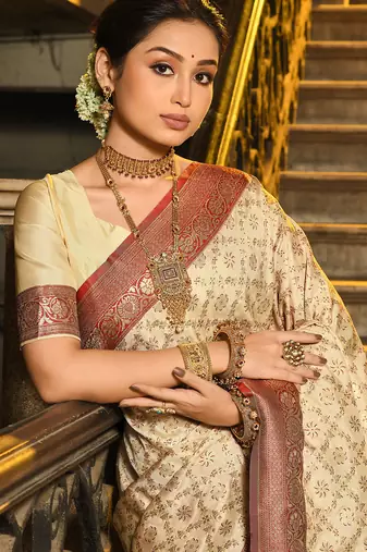 maroon banarasi silk blend saree with blouse