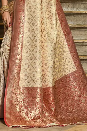 maroon banarasi silk blend saree with blouse