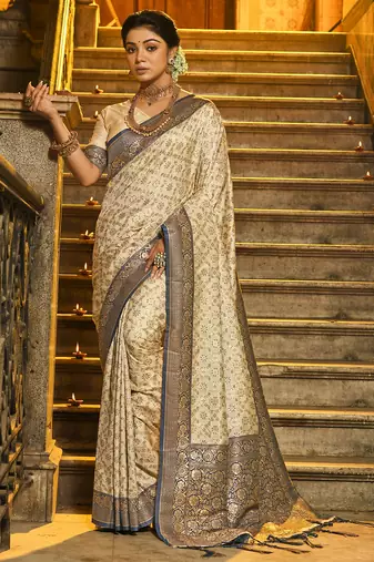 navy banarasi silk blend saree with blouse