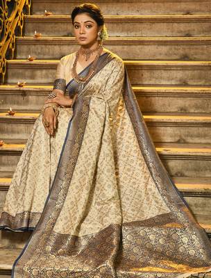 navy banarasi silk blend saree with blouse 2