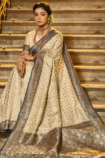 navy banarasi silk blend saree with blouse