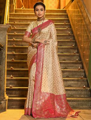 pink banarasi silk blend saree with blouse 1