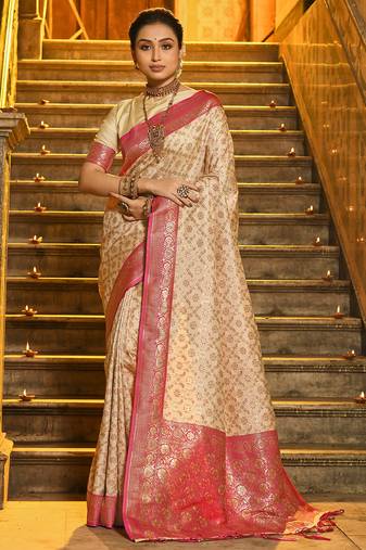 pink banarasi silk blend saree with blouse