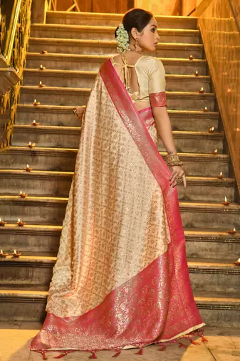 pink banarasi silk blend saree with blouse