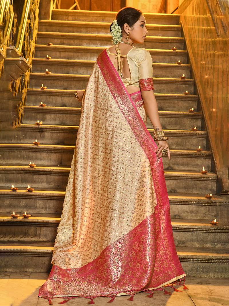 pink banarasi silk blend saree with blouse