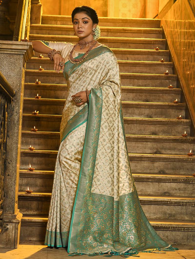 green banarasi silk blend saree with blouse