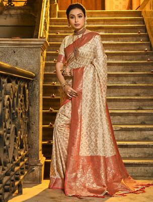 peach banarasi silk blend saree with blouse 1