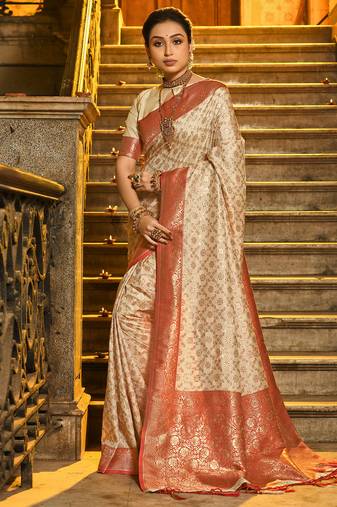 peach banarasi silk blend saree with blouse