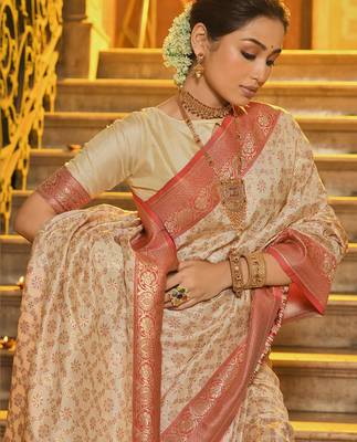 peach banarasi silk blend saree with blouse 2