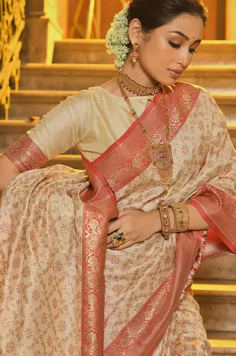 peach banarasi silk blend saree with blouse