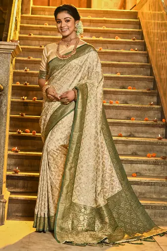 mehendi banarasi silk blend saree with blouse