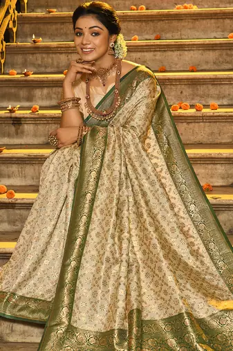 mehendi banarasi silk blend saree with blouse