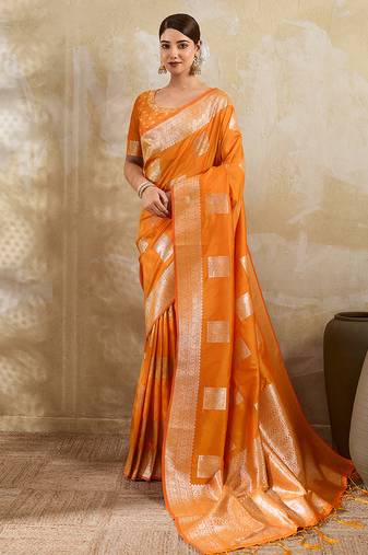 Orange silk blend saree with blouse