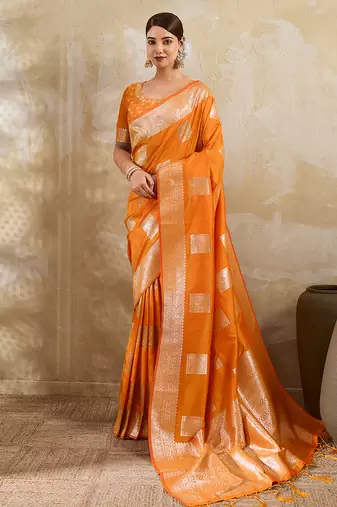 Orange silk blend saree with blouse