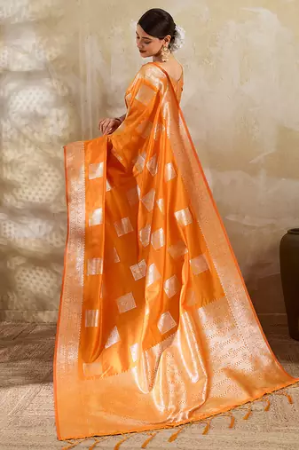 Orange silk blend saree with blouse