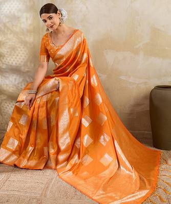 Orange silk blend saree with blouse 3