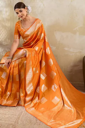 Orange silk blend saree with blouse