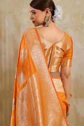 Orange silk blend saree with blouse