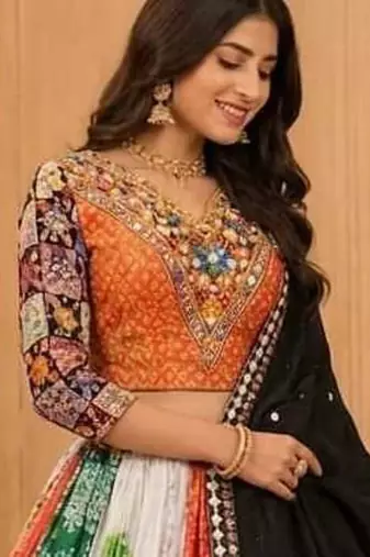 Multicolour Mirror Silk Navratri Lehnega Choli With Dupatta