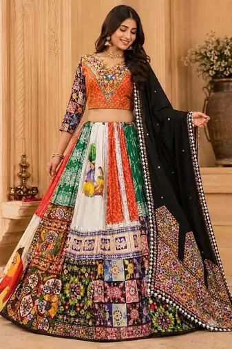 Multicolour Mirror Silk Navratri Lehnega Choli With Dupatta