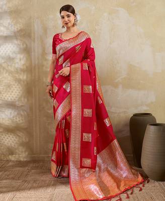Red silk blend saree with blouse 1