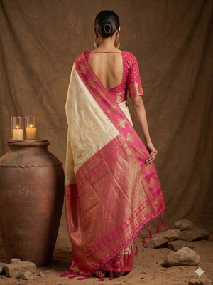 Off white silk blend saree with blouse 4