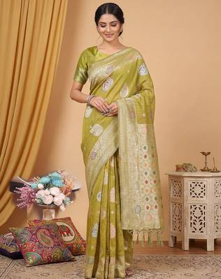 Olive linen saree with blouse 2