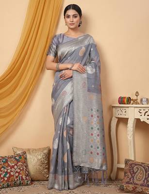 Grey linen saree with blouse 1