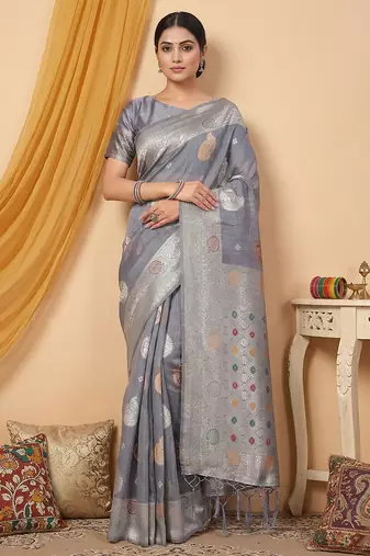 Grey linen saree with blouse