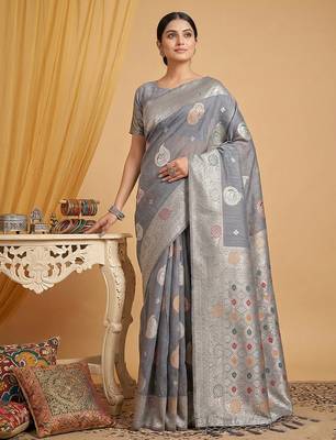Grey linen saree with blouse 2