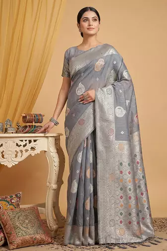 Grey linen saree with blouse