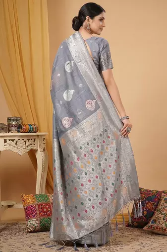 Grey linen saree with blouse
