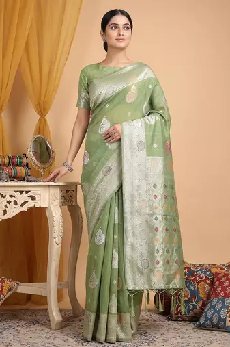 Green linen saree with blouse