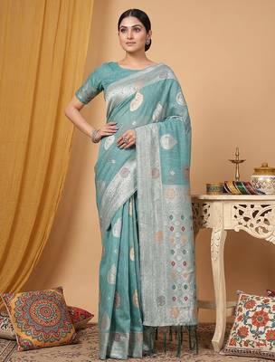 Blue linen saree with blouse 2