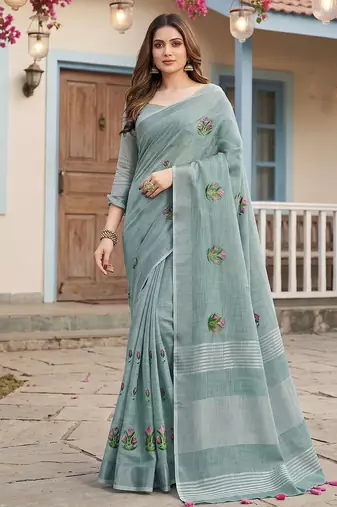 Blue linen saree with blouse