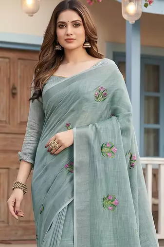 Blue linen saree with blouse