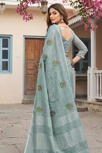 Blue linen saree with blouse