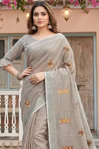 L brown linen saree with blouse