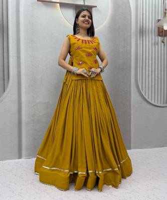 Mustard Lace Navratri Cotton Lahenga Choli Jacket 1