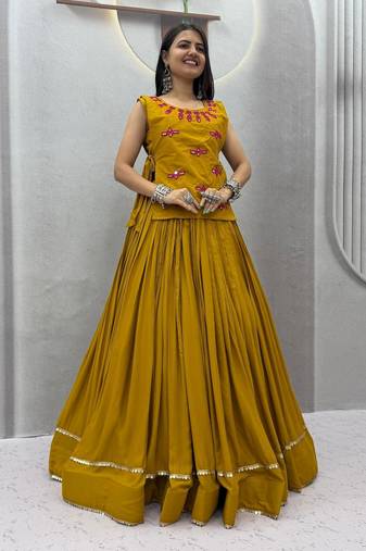 Mustard Lace Navratri Cotton Lahenga Choli Jacket
