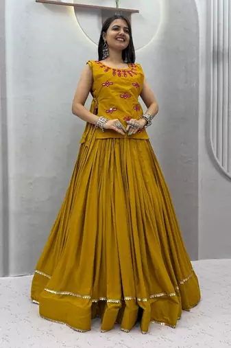 Mustard Lace Navratri Cotton Lahenga Choli Jacket