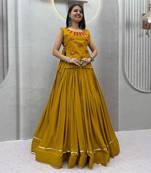 Mustard Lace Navratri Cotton Lahenga Choli Jacket