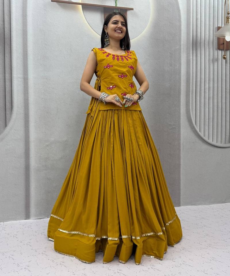 Mustard Lace Navratri Cotton Lahenga Choli Jacket
