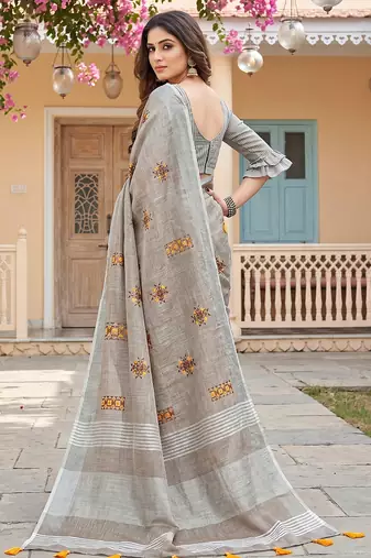 L brown linen saree with blouse