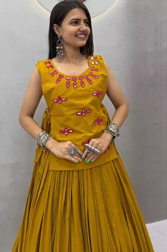 Mustard Lace Navratri Cotton Lahenga Choli Jacket