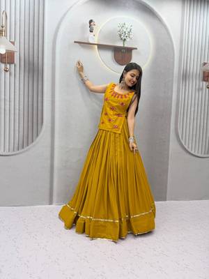 Mustard Lace Navratri Cotton Lahenga Choli Jacket 3